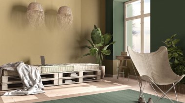 Kırsal yatak odası, kanepe, yeşil tonlarda eko iç tasarım, sürdürülebilir parke, diy palet kanepe, yatak, koltuk ve saksı bitkileri. Doğal geri dönüşümlü mimari kavramı