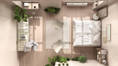 Kır yatak odası, ev işyeri, bej rengi iç tasarım, sürdürülebilir parke döşeme, diy kanepe ve yatak. Manzara, plan, yukarısı. Doğal geri dönüşümlü mimari kavramı