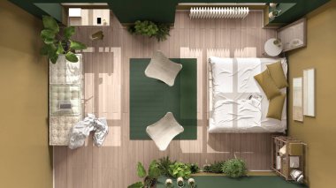 Ev işyeri olan kır odası, yeşil tonlarda çevre tasarımı sürdürülebilir parke döşeme, diy kanepe ve yatak. Manzara, plan, yukarısı. Doğal geri dönüşümlü mimari kavramı