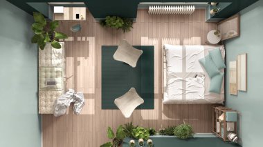 Ev işyeri olan kır yatak odası, turkuaz tonlarda çevre tasarımı, sürdürülebilir parke, diy kanepe ve yatak. Manzara, plan, yukarısı. Doğal geri dönüşümlü mimari kavramı