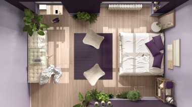 Ev işyeri olan kır odası, mor tonlu eko iç tasarım, sürdürülebilir parke döşeme, diy kanepe ve yatak. Manzara, plan, yukarısı. Doğal geri dönüşümlü mimari kavramı