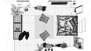 Ev işyeri, çevre tasarımı, sürdürülebilir parke, diy kanepe ve yatak olan kır yatak odasının taslağı. Manzara, plan, yukarısı. Doğal geri dönüşümlü mimari kavramı