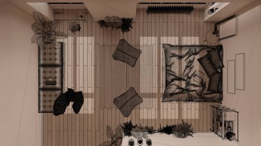 Parke ve beyaz duvarlı boş modern iç mekan, özel mimari tasarım projesi, siyah mürekkep çizimi, modern yatak odasını gösteren plan, iç tasarım, üst görünüm, plan yukarıda