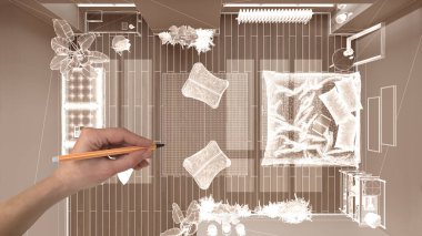 Beyaz duvarları ve parkesi olan boş modern iç mekan, CAD çizimi, beyaz mürekkep özel mimari tasarım projesi. Yatak odası, üst manzara, plan, yukarıda.
