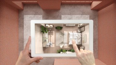 Gelişmiş gerçeklik kavramı. İç inşaat sahasındaki mobilya ve tasarım ürünlerini simule etmek için kullanılan AR uygulamalı tablet, eko yatak odası, üst görünüm, plan, yukarıda