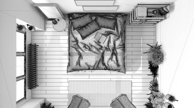 Tamamlanmamış proje, kırsal yatak odası, eko iç tasarım, sürdürülebilir parke, diy palet yatak, halı ve koltuklar. Manzara, plan, yukarısı. Doğal geri dönüşümlü konsept