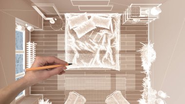 Beyaz duvarları ve parkesi olan boş modern iç mekan, CAD çizimi, beyaz mürekkep özel mimari tasarım projesi. Yatak odası, üst manzara, plan, yukarıda.