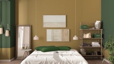 Kırsal ahşap yatak odası, yeşil tonlarda eko iç tasarım, sürdürülebilir parke döşeme, yastıklı diy yatak, ayna ve saksı bitkileri. Doğal geri dönüşümlü mimari kavramı