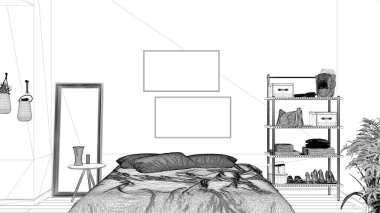 Taslak proje taslağı, kır yatak odası, ekolojik iç tasarım, sürdürülebilir parke, yastıklı diy yatağı, ayna ve saksı bitkileri. Doğal geri dönüşümlü mimari kavramı