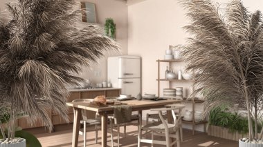 Çakıl taşları, kuru bitkiler, süslemeler, kulaklar, kılıflar, vazolar ülkenin kırsal mutfağının üzerinde sandalye, raf, alet edevat ve modern iç mimari tasarımı olan vazolar.