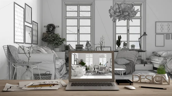 Konsep Desktop Desainer Arsitek Laptop Meja Kerja Kayu Dengan Layar — Stok Foto