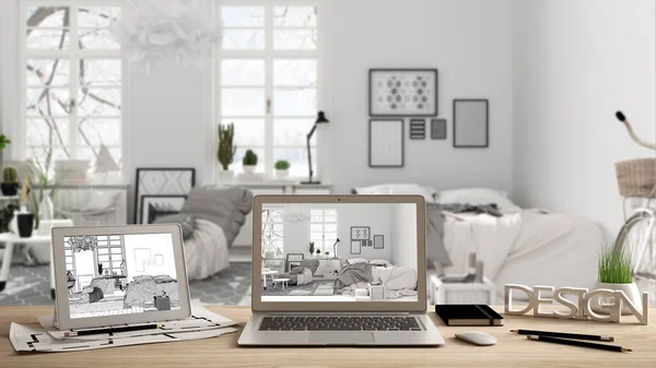 Arquiteto Designer Conceito Desktop Laptop Tablet Mesa Madeira Com Tela — Fotografia de Stock