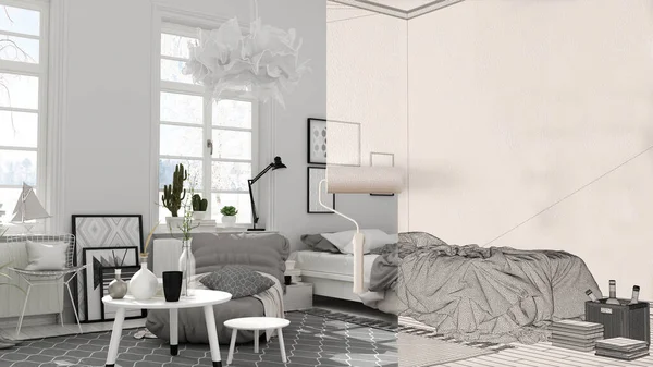 空間が本物のスキャンディナヴィアの寝室を示すようになる間にペイントローラー塗装インテリアデザイン青写真の背景 コンセプトの前と後に 建築家のデザイナーの創造 — ストック写真