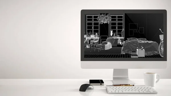 Architect Huis Project Concept Desktop Computer Witte Achtergrond Bureau Met — Stockfoto