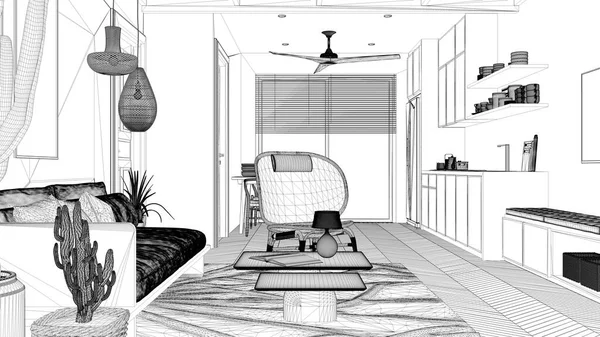 丑闻性鸟类生活 餐厅和厨房蓝图项目草案 沙发和咖啡桌 有椅子 地毯和吊灯的桌子 现代室内设计理念 — 图库照片