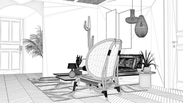 Projekt Projektu Projekt Skandynawskiego Etnicznego Salonu Kanapa Stoły Drewniany Fotel — Zdjęcie stockowe