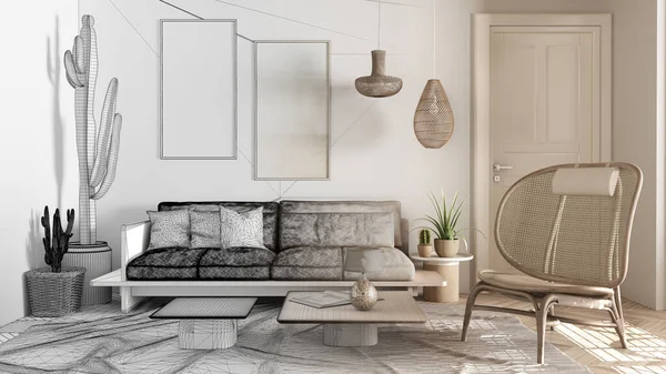 Architect interior designer concept: unfinished project that becomes real, scandinavian ethnic living room. Sofa and coffee tables, armchair, carpet and lamps. Modern design concept