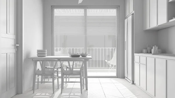 全白项目的斯堪的纳维亚族厨房和餐厅 大的全景窗户 有椅子的桌子 现代室内设计理念 — 图库照片