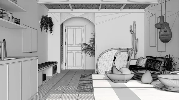 スキャンディナヴィア民族のダイニングルーム キッチンの未完成のプロジェクト ソファ ダイニングテーブル カーペット ペンダントランプ 鉢植え モダンなインテリアデザインコンセプトのアイデア — ストック写真