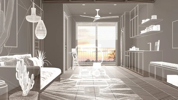Empty white interior with parquet floor and big panoramic window, custom architecture design project, white ink sketch, blueprint showing kitchen, dining, living room, interior design