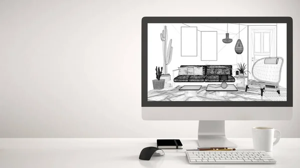 Architektenhaus Projektkonzept Desktop Computer Auf Weißem Hintergrund Schreibtisch Mit Cad — Stockfoto