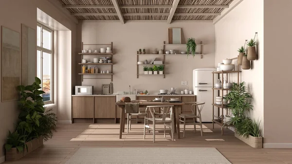 Country kitchen, eco interior design in beige tones, sustainable parquet floor, dining table with chairs, wooden shelves and bamboo ceiling. Natural recyclable architecture concept