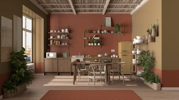 Cuisine Campagnarde Design Intérieur Écologique Dans Les Tons Orange Parquet — Photo