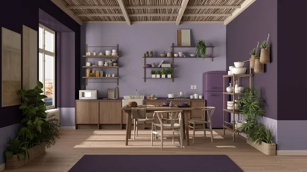 Landhausküche Öko Innenarchitektur Violetten Tönen Nachhaltiger Parkettboden Esstisch Stühle Holzregale — Stockfoto