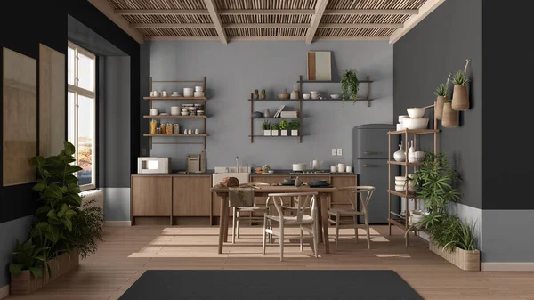 Cucina Country Interior Design Eco Nei Toni Del Grigio Pavimento — Foto Stock