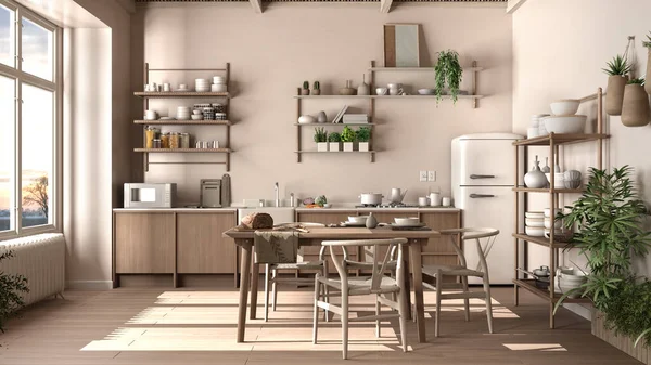 Country kitchen, eco interior design in beige tones, sustainable parquet floor, dining table with chairs, wooden shelves and bamboo ceiling. Natural recyclable architecture concept