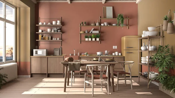 Κουζίνα Της Χώρας Οικολογικό Εσωτερικό Σχεδιασμό Πορτοκαλί Τόνους Βιώσιμο Παρκέ — Φωτογραφία Αρχείου