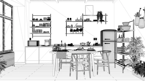 青写真プロジェクトの草案 カントリーキッチン エコインテリアデザイン 持続可能な寄木細工の床 ダイニングテーブル 木製の棚 竹の天井 自然循環型建築の概念 — ストック写真