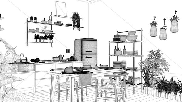 Návrh Projektu Venkovská Kuchyně Ekodesign Interiérů Udržitelná Parketová Podlaha Jídelní — Stock fotografie
