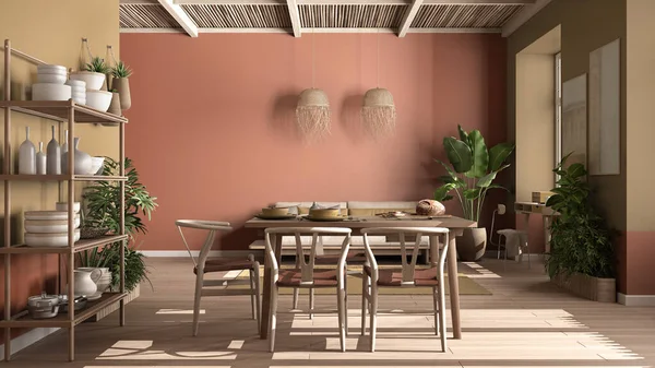 Country living room, eco interior design in orange tones, sustainable parquet, dining table with chairs, wooden shelves and bamboo ceiling. Natural recyclable architecture concept