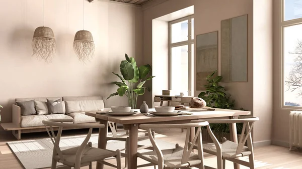 Country living room, eco interior design in beige tones, sustainable parquet, dining table with chairs, potted plants and bamboo ceiling. Natural recyclable architecture concept