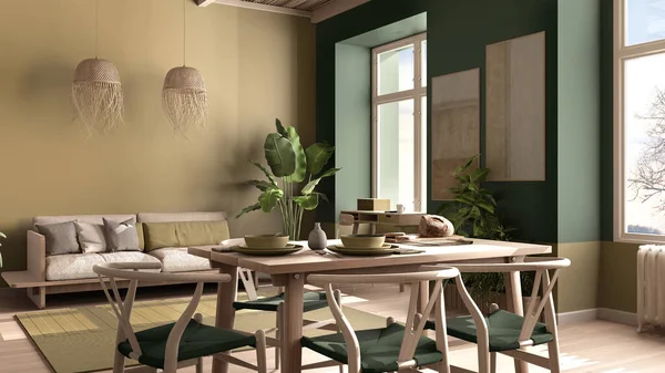 Country living room, eco interior design in green tones, sustainable parquet, dining table with chairs, potted plants and bamboo ceiling. Natural recyclable architecture concept