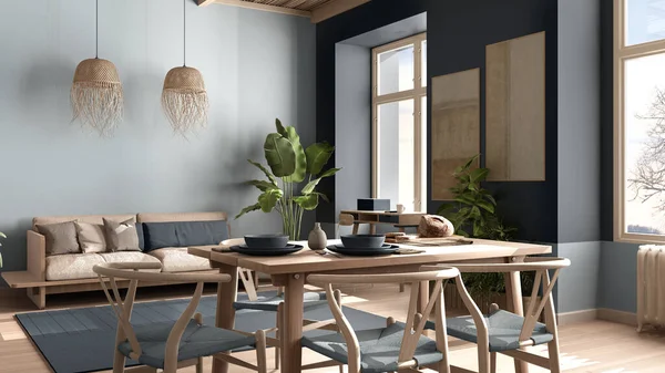 Country living room, eco interior design in blue tones, sustainable parquet, dining table with chairs, potted plants and bamboo ceiling. Natural recyclable architecture concept