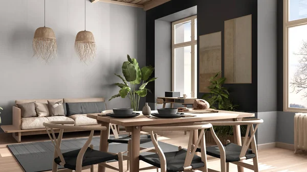 Country living room, eco interior design in gray tones, sustainable parquet, dining table with chairs, potted plants and bamboo ceiling. Natural recyclable architecture concept