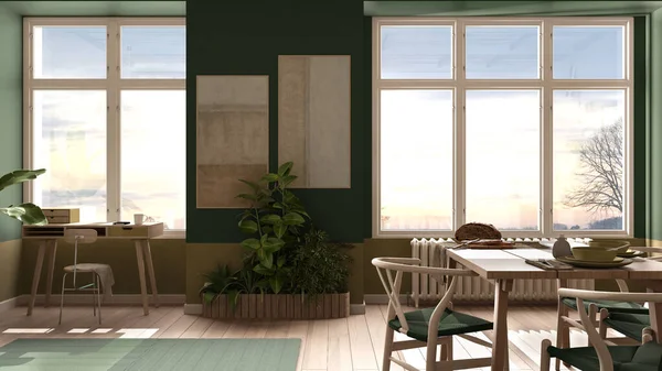 Country living room, eco interior design in green tones, sustainable parquet, dining table with chairs, potted plants and bamboo ceiling. Natural recyclable architecture concept