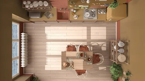 Country kitchen, eco interior design in orange tones, sustainable parquet floor, dining table and wooden shelves. Top view, plan, above. Natural recyclable architecture concept
