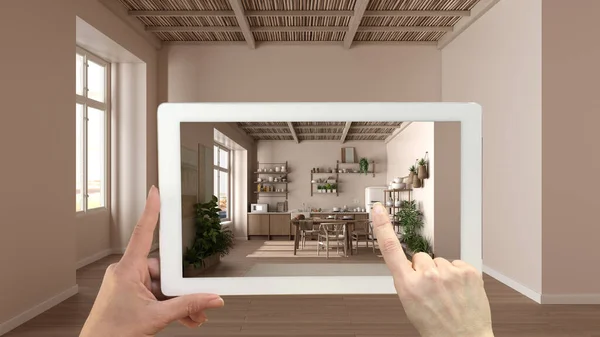 Concept Réalité Augmentée Tablette Main Avec Application Utilisée Pour Simuler — Photo