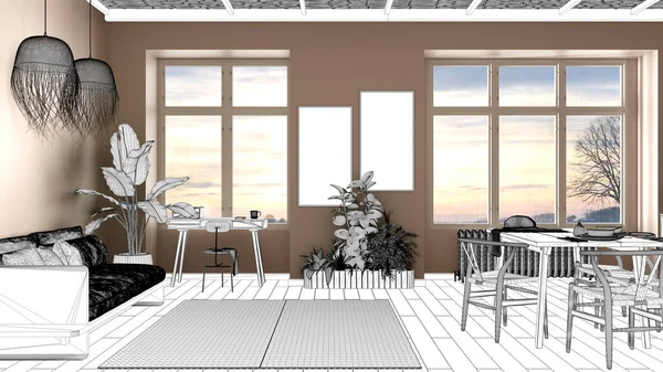 청사진 프로젝트 식탁과 카펫이 현대식 스케치 인테리어 디자인 응접실이 아파트 — 스톡 사진