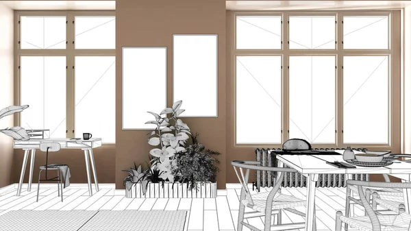 Projeto Projecto Planta Esboço Sala Estar Moderna Com Mesa Jantar — Fotografia de Stock