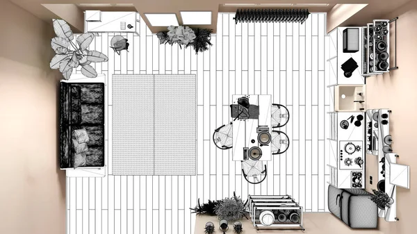Blaupause Projektskizze Skizze Einer Modernen Küche Wohnzimmer Mit Esstisch Raumkonzept — Stockfoto