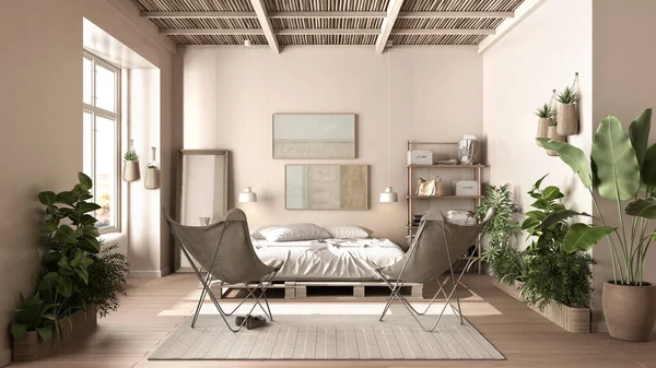 Dormitorio Rústico Campo Diseño Interior Ecológico Tonos Beige Suelo Parquet —  Fotos de Stock