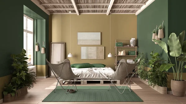 Country rustic bedroom, eco interior design in green tones, sustainable parquet floor, pallet bed with pillows, armchairs and potted plants. Natural recyclable architecture concept