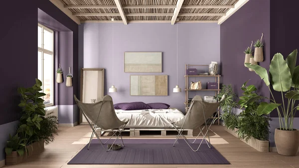 Landhausschlafzimmer Öko Interieur Violetten Tönen Nachhaltiges Parkett Palettenbett Mit Kissen — Stockfoto