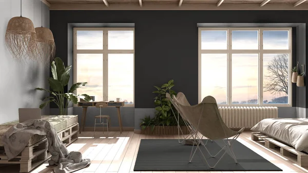 Landhausschlafzimmer Mit Sofa Öko Interieur Grautönen Nachhaltigem Parkett Diy Palettenbett — Stockfoto