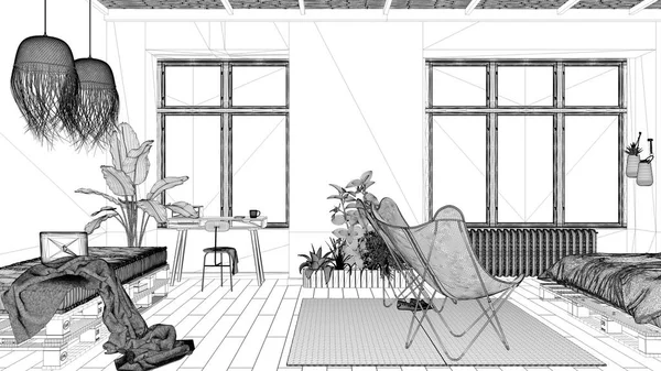 Σχέδιο Έργου Σχέδιο Της Χώρας Ρουστίκ Υπνοδωμάτιο Καναπέ Οικολογικό Εσωτερικό — Φωτογραφία Αρχείου