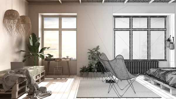 Concepto Diseñador Interiores Arquitecto Proyecto Inacabado Que Convierte Real Dormitorio —  Fotos de Stock